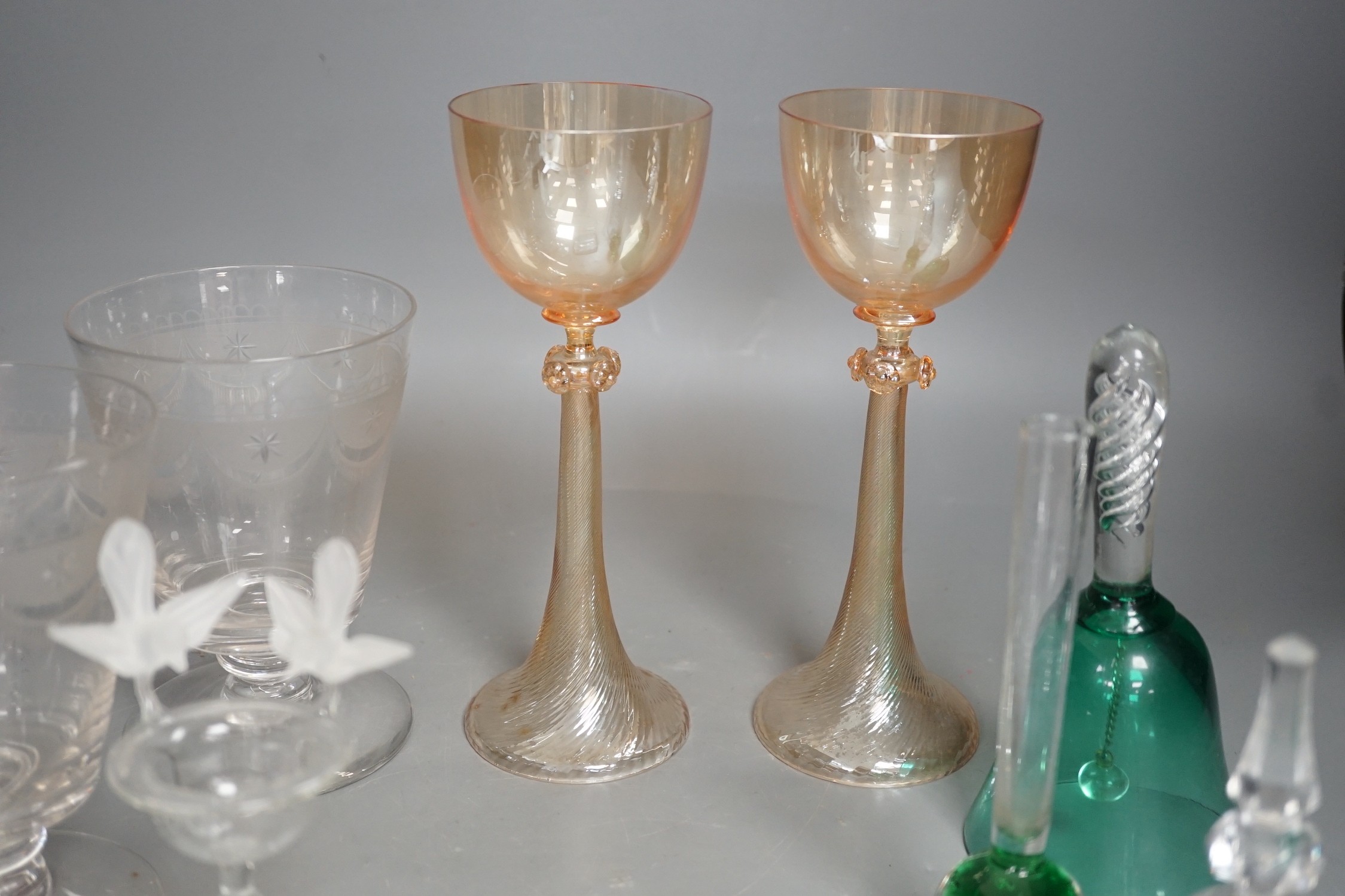 Two Venetian lustre glass goblets, a pair of rummers and sundry glassware, goblets 20cm high